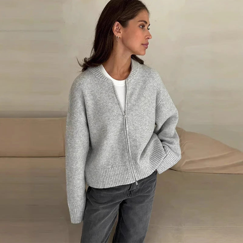 Casual Round Neck Zipper Knitted Coat